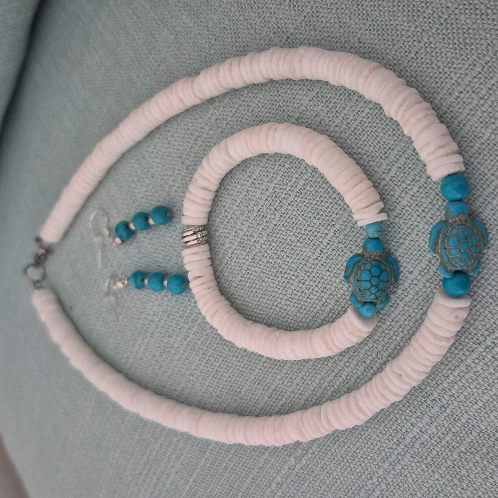 TURTLE 3 PIECE JEWELRY SET.CHOKER BRACLET EARRINGS, NATURAL - Picture 6 of 6